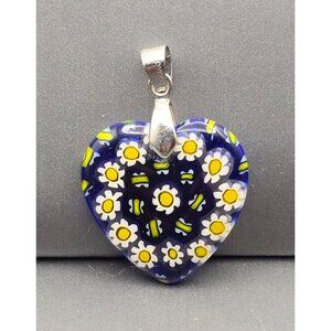 Murano Style Millefiori Heart Pendant 1.5" White Daisy Mosaic 18k GP Bail